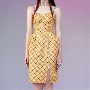 Mukzin Yellow Suspender Check Dress - Tiger Sniffing Rose - M